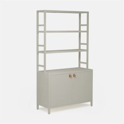 Large rectangular display with two tiers and a lower shelf It features an open design at the top tier showcasing a white