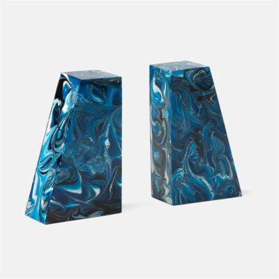 Stylish blue and white swirl triangular resin bookends, each piece showcasing unique designs.