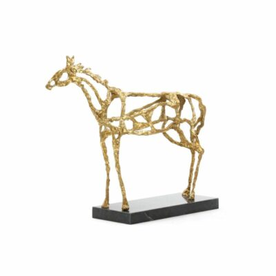 The image displays a three-dimensional sculpture of a horse exhibiting an artistic and modern design with a golden finish This abstract art