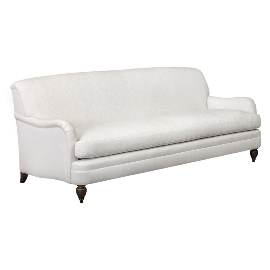 White Amelia English Arm Sofa in Alabaster fabric with dark brown wooden legs showcasing its tight back and spring down bench cushion