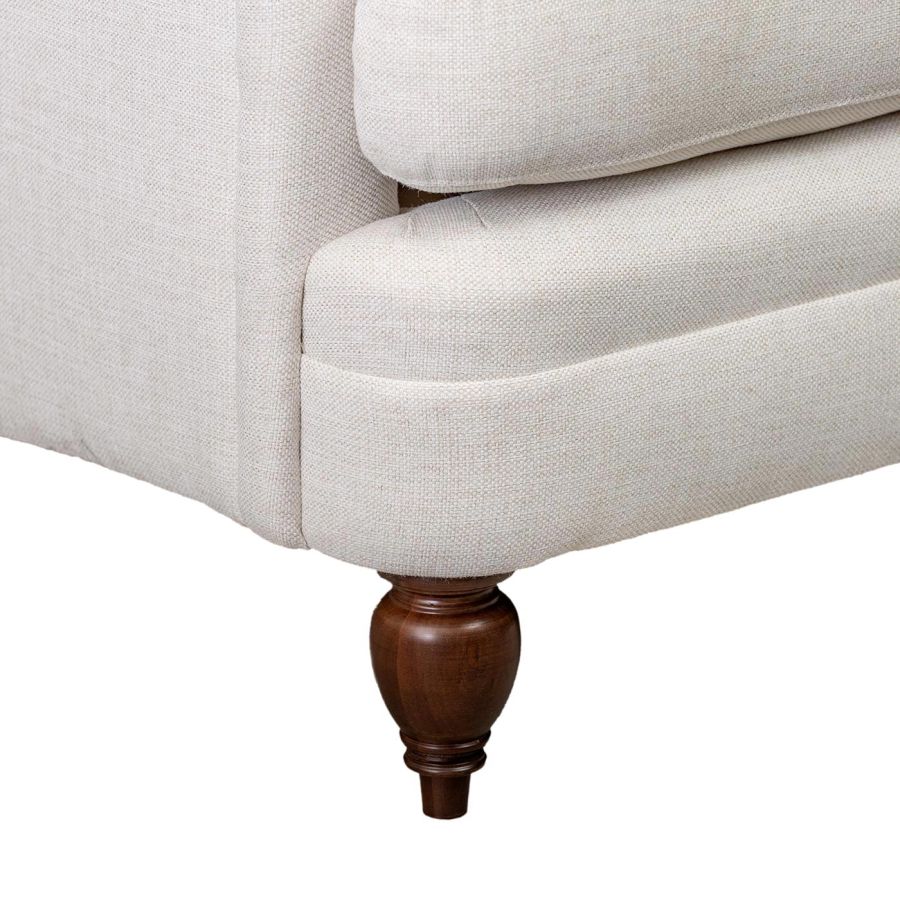 This is an image of a Mecox Exclusive Amelia English Arm Sofa shown in Alabaster Performance Fabric with Dark Brown finish on