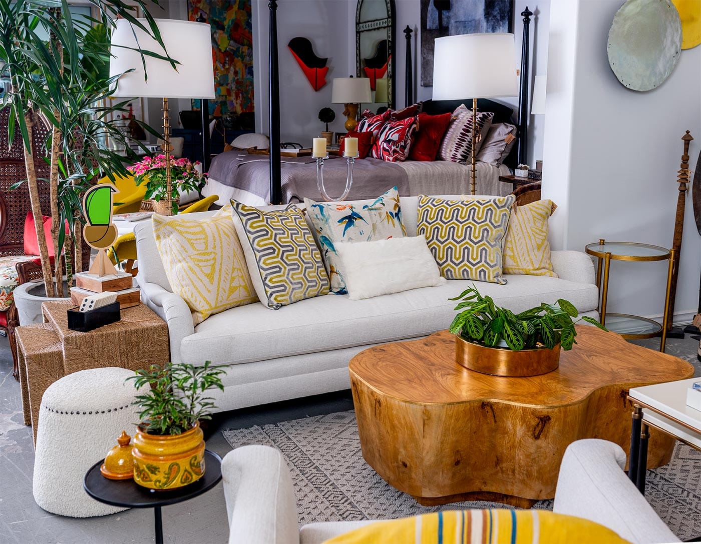 Amelia English Arm Sofa in Alabaster neatly arranged in a living room setting featuring a tight back with spring down bench cushion