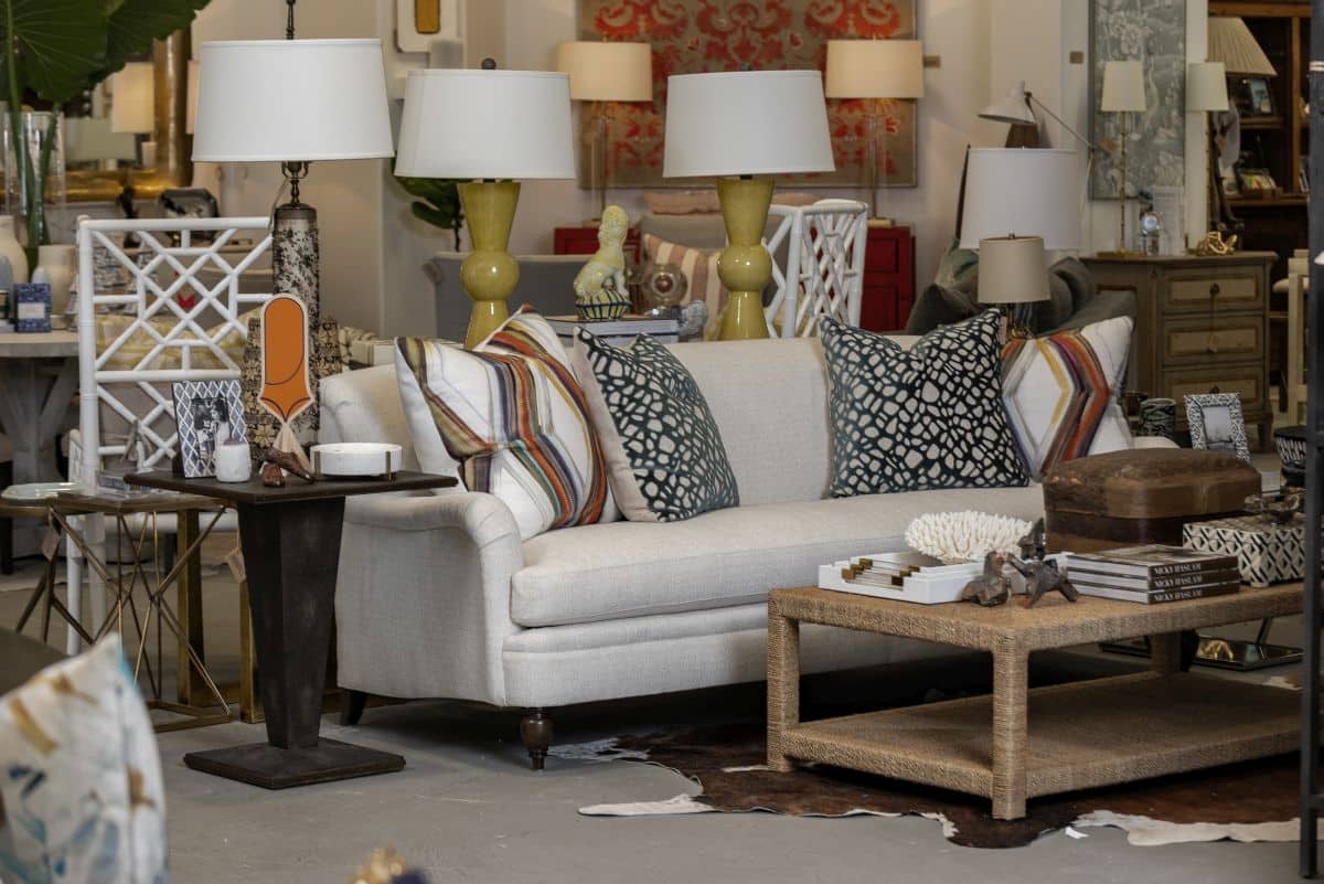 Amelia English arm sofa in Alabaster, tight back with spring down bench cushion, nail trim and dark brown legs.