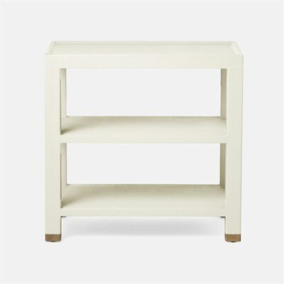 Small white side table with two shelves and gold finish on caps, set against a light background.