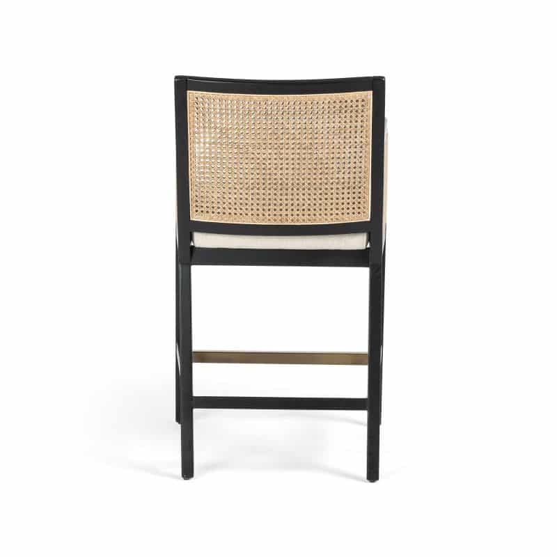 Olivia Cane Counter Stool with neutral linen seat in brushed ebony or toasted wood finish.