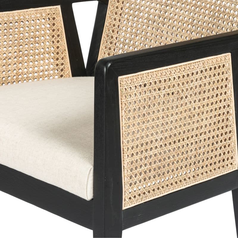 Olivia Cane Counter Stool with neutral linen blend seat in high performance fabric.