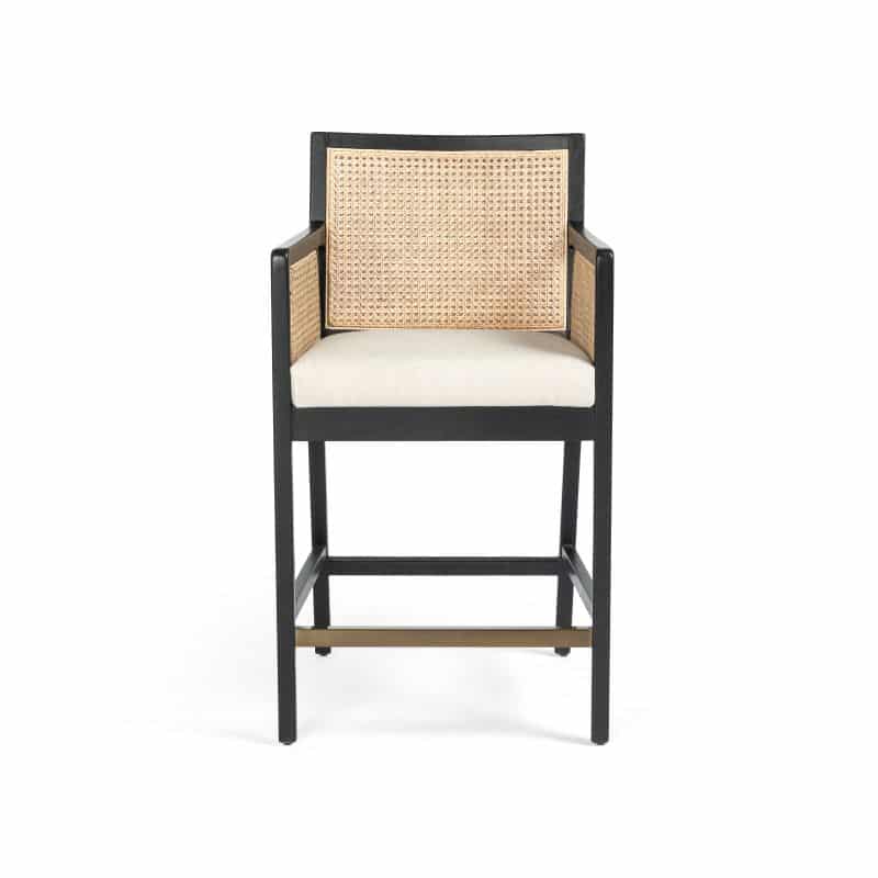 Olivia Cane Counter Stool with neutral linen blend seat and brushed ebony frame, showcased in a high-performance fabric.