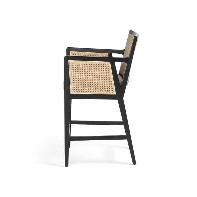 Cane Counter Stool with brushed ebony frame and neutral linen blend seat.