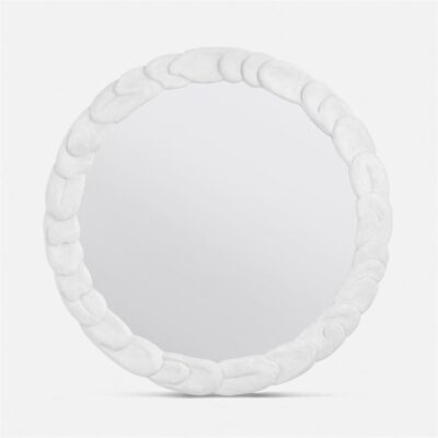 Outdoor mirror with overlapping disks in white reconstituted stone.