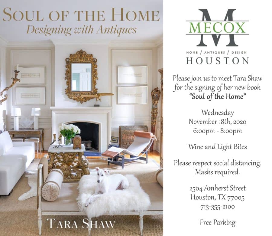 Tara Shaw Houston" event signage with a house interior background and a white dog on a couch.
