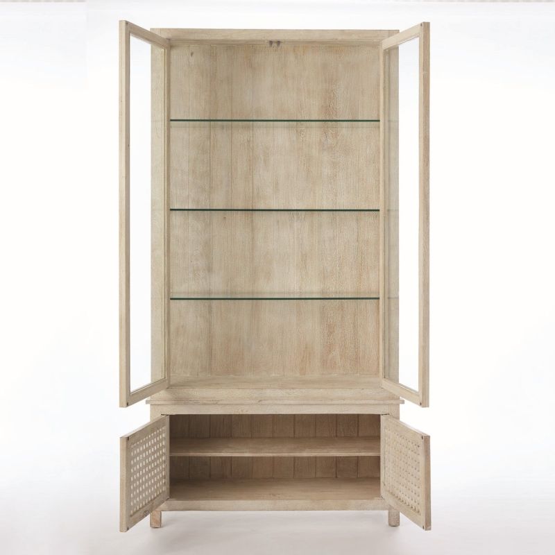 Tall lattice white washed driftwood cabinet with glass enclosed upper display and lower closed storage.