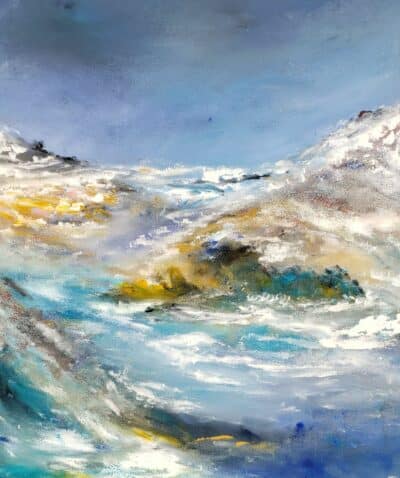 Unframed acrylic painting on canvas by Orbedonna with a vibrant depiction of a rocky shoreline and mountains under a blue sky.
