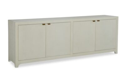 Ivory faux shagreen buffet with brass pulls and leather wrapping on poplar solids two doors and one tray drawer above open storage