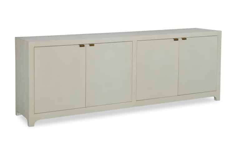 Ivory faux shagreen buffet with brass pulls and leather wrapping on poplar solids two doors and one tray drawer above open storage