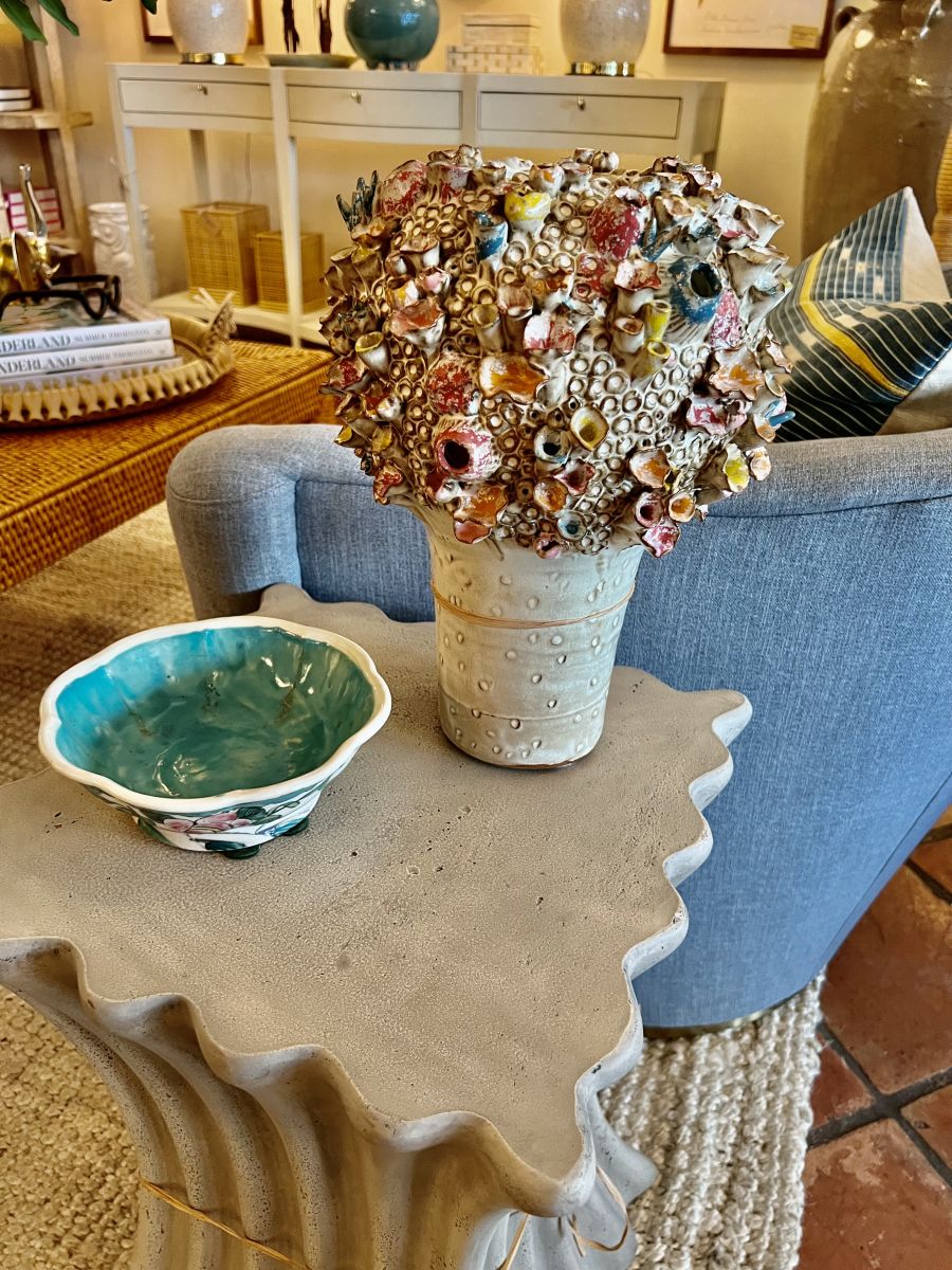 Large coral-inspired stoneware vase with vibrant pastel glaze, showcasing intricate coral patterns and a rainbow of colors.