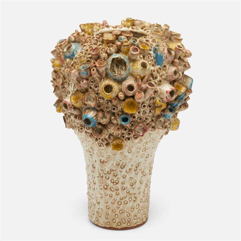 Coral inspired stoneware vase in pastel glazes with unique variations, large 14" x 10" diameter.