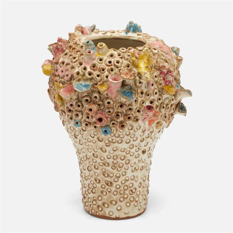 Large coral inspired stoneware vase with rainbow pastel glazes, each piece unique.