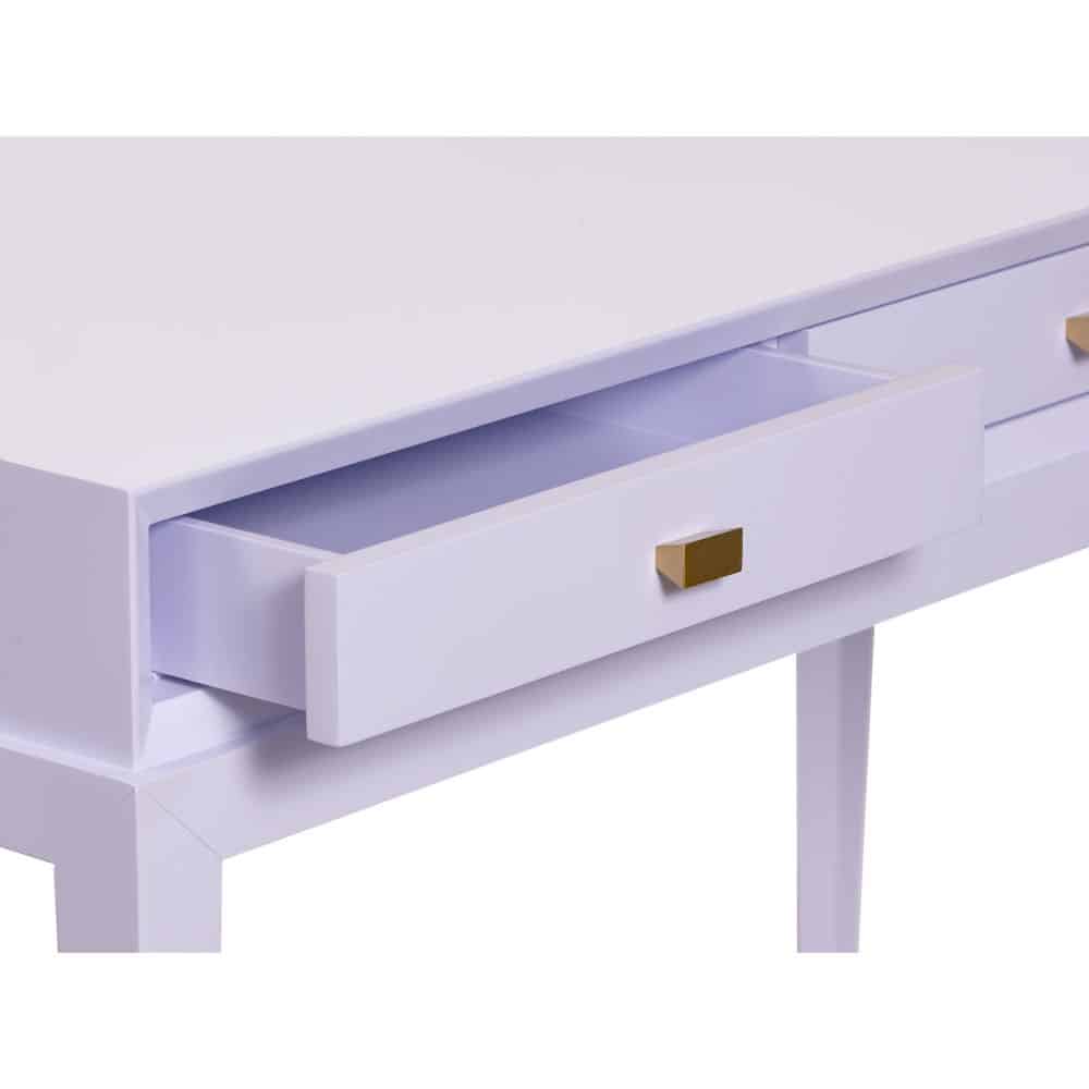Purple beveled desk with satin finish and lace gold hardware.