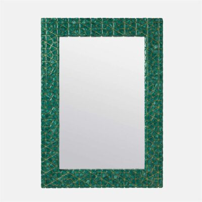 Emerald pebbled resin framed mirror with gilded hexagonal etchings.