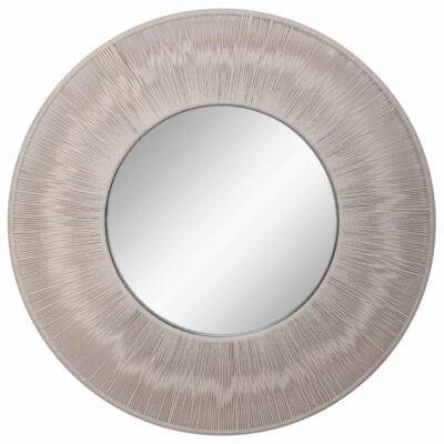 Nautical round mirror with beige rope frame on wall.