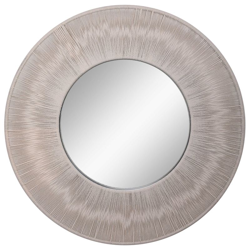 Nautical round mirror with beige rope frame on wall.