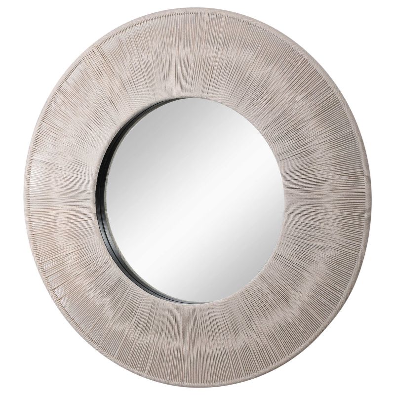 Round rope mirror with beige rope and iron frame.