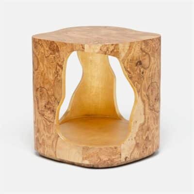 Abstract cutout olive ash side table with gold faux linen interior.