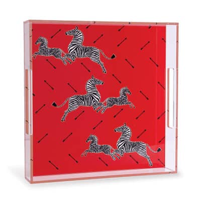 Red Lucite Tray featuring Scalamandre Zebra Motif, showcasing elegant design with black and white zebras against vibrant red background.