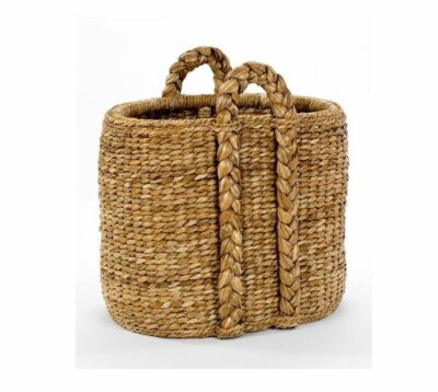 Oval woven seagrass rush basket with handles.