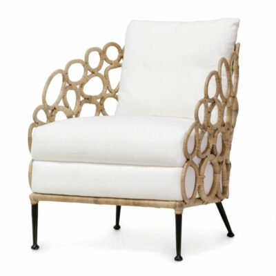 Abstract Rattan Lounge Chair with Indoor Outdoor Oyster Chenille Grade L Fabric and Loose Back Cushion