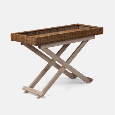 Outdoor Chestnut Faux Wicker Console with Grey Washed Teak Base Frame Also Available in Blue Faux Wicker with White Teak Some Custom