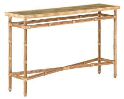 Natural rattan console table with geometric design and inset glass top.