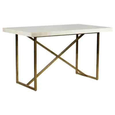 A modern desk with a crystal stone top and an antiqued brass base.