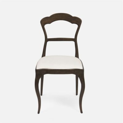Outdoor French style dining chair with upholstered seat in Klein Ash Rayan/Cotton fabric.