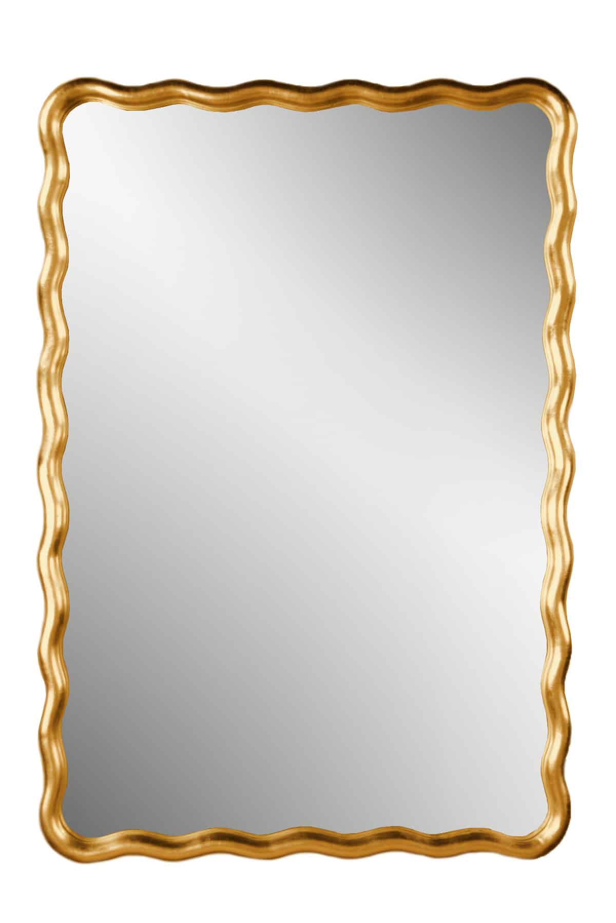 Small scalloped rectangle mirror with antique gold leaf art nouveau design and undulating moulding in an antique finish.
