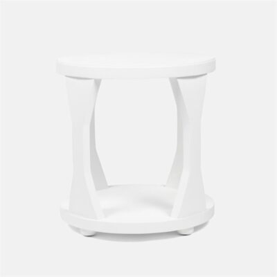 Faux Belgian linen drum side table with hourglass silhouette legs in designer white or ivory tone.