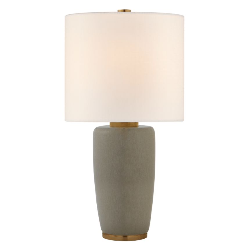 Large Chado table lamp in coconut reactive ceramic with linen shade and E26 dimmer socket.