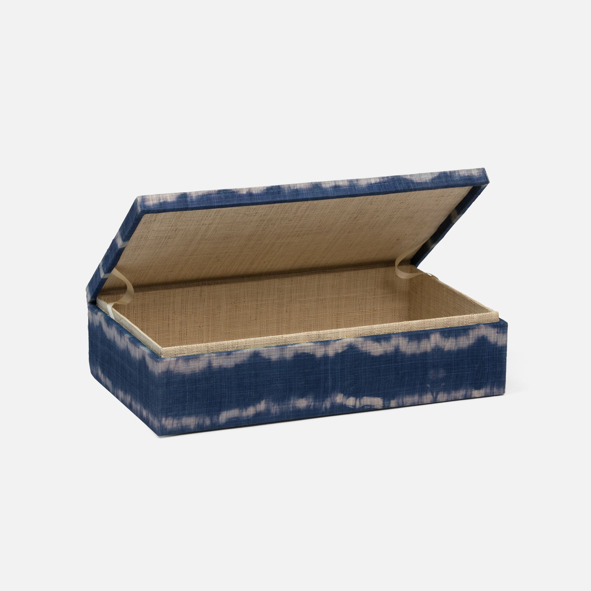 Blue tie-dye box with shiny abaca exterior and light rattan lining, open to reveal interior.