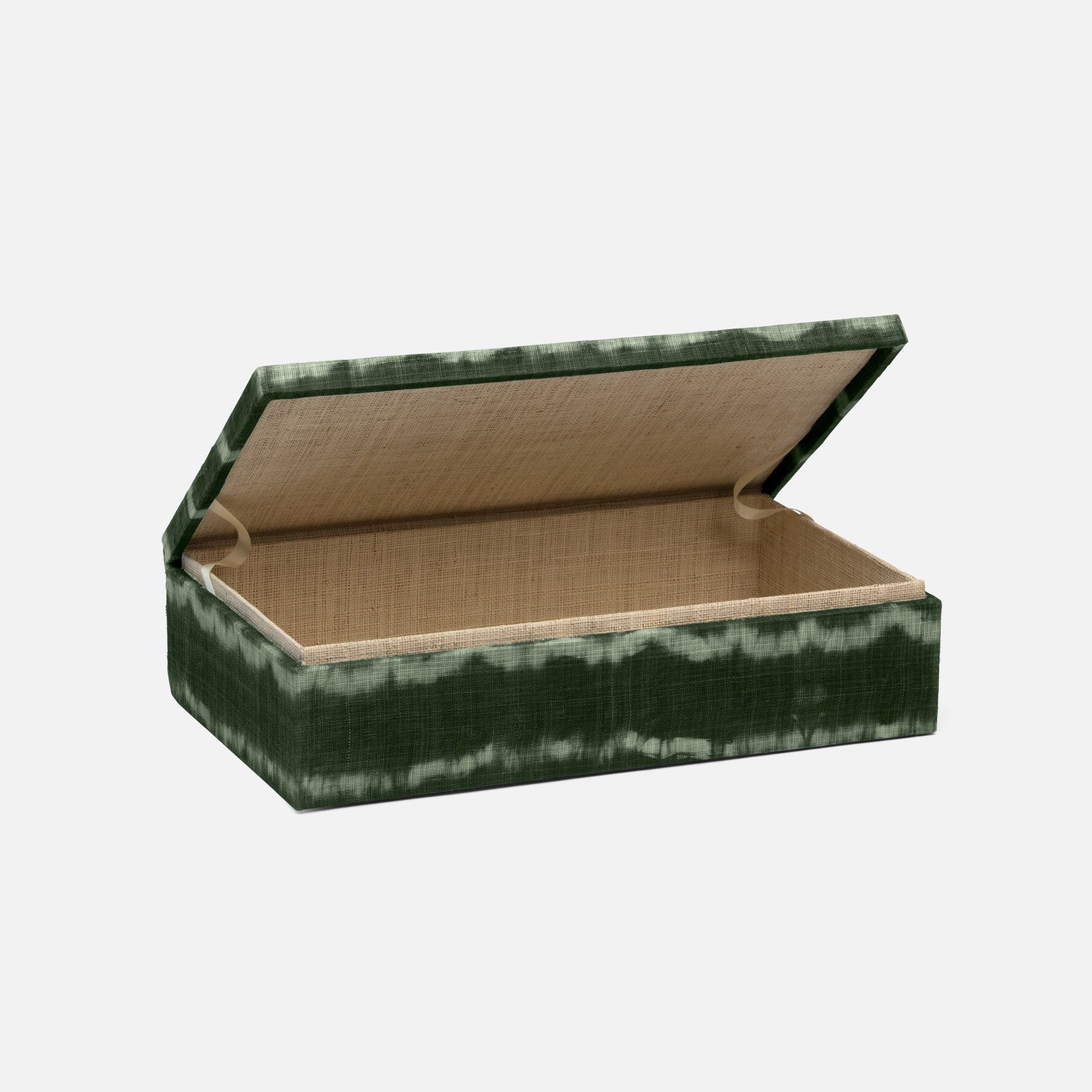 Open tie dye box with shiny abaca exterior and light rattan lining.