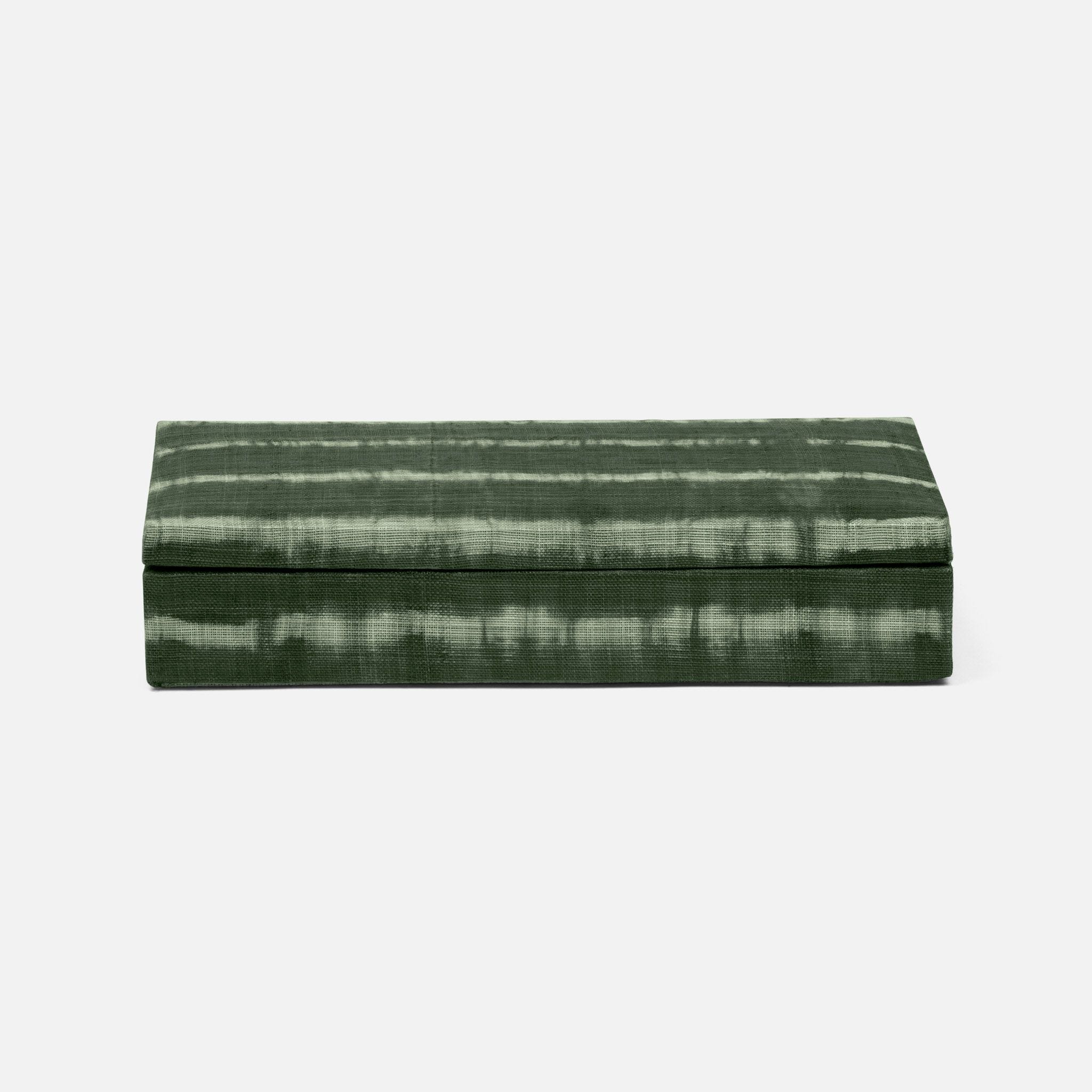 Green tie-dye box with shiny abaca exterior and light rattan lining.