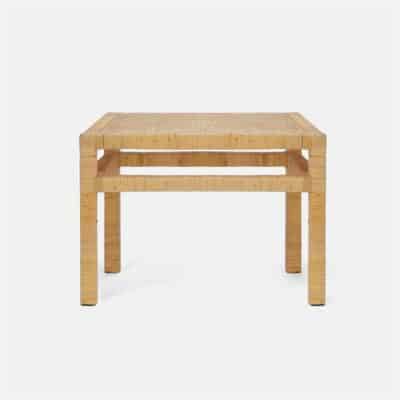 Small rattan bench with natural peeled finish, base stretchers, and available in various sizes.