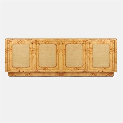 Side view of large Mappa Burl buffet with satin finish, textured golden knobs, and adjustable shelves in a matte raffia color.