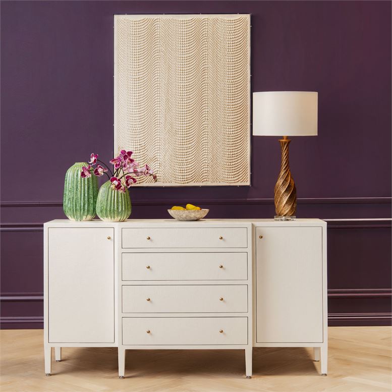 Side view of Hilton Cast Resin Faux Raffia Buffet with four drawers and two shelves, showcasing off-white color.