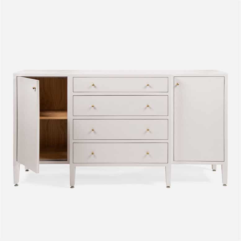 Close-up view of Hilton Cast Resin Faux Raffia Buffet with four drawers and two adjustable shelves available in multiple colors including off