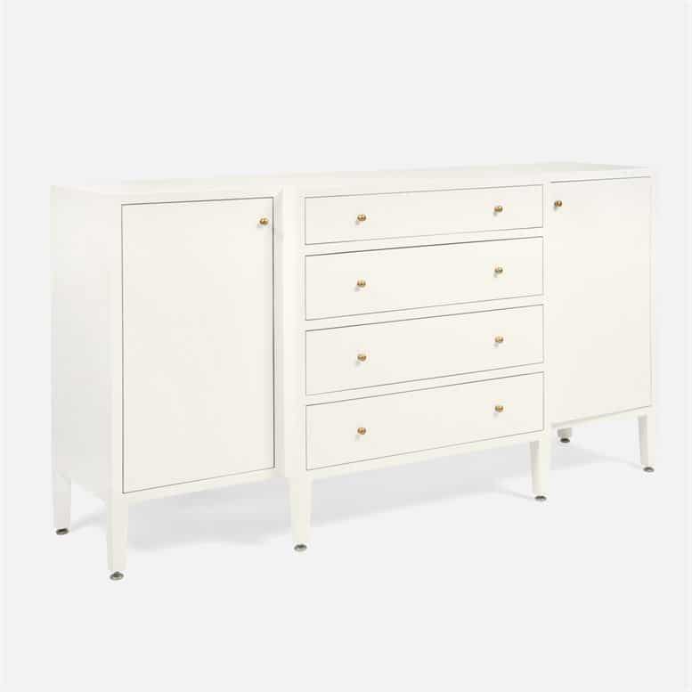 Side view of white faux raffia buffet with four drawers and two adjustable shelves available in multiple colors including black French gray