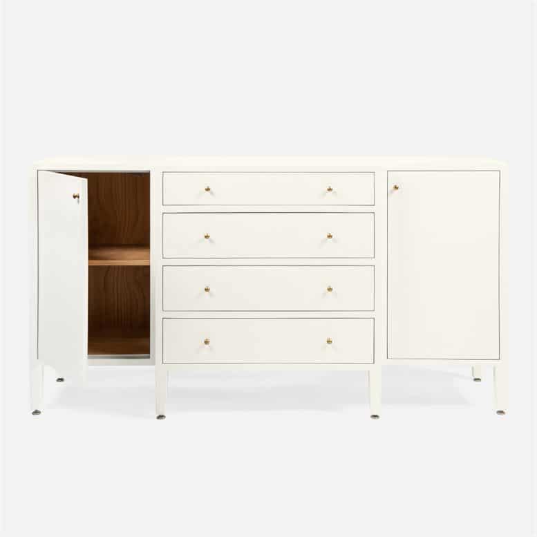 White buffet with four drawers and two adjustable shelves, available in various colors, featuring a faux raffia finish.
