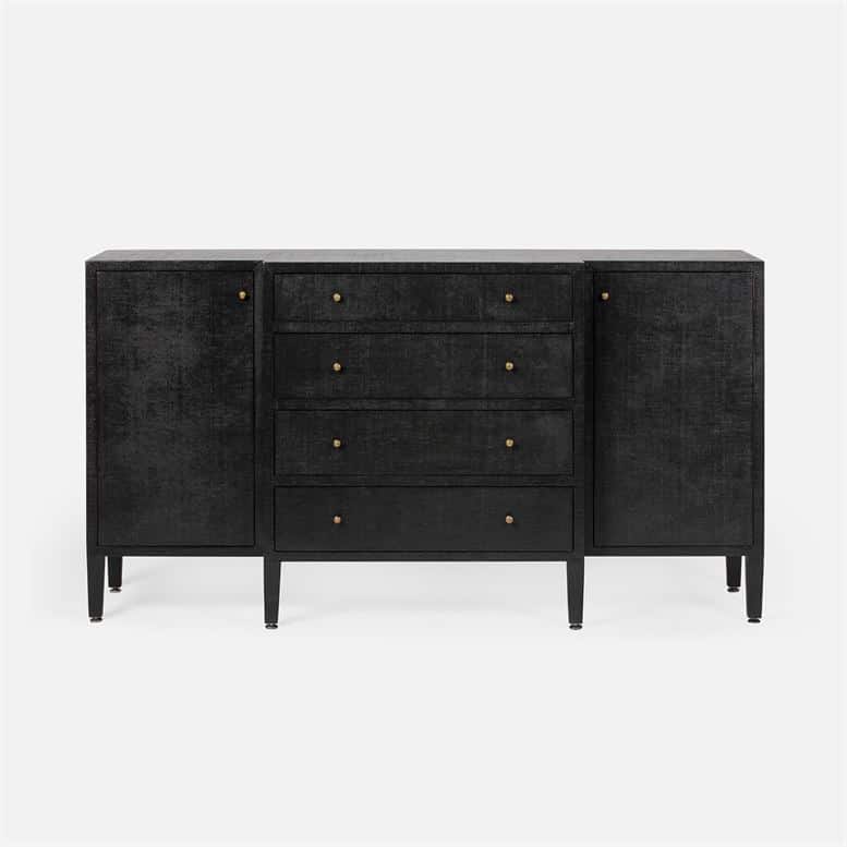 Black faux raffia buffet with four drawers and two adjustable shelves, showcasing a clean and modern design.