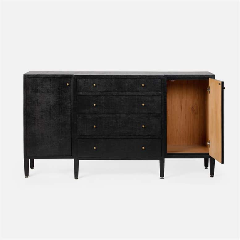 Side view of black faux raffia buffet with four drawers and two adjustable shelves.