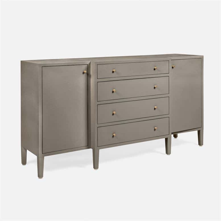 Side view of a Hilton Cast Faux Raffia Buffet in French Gray with four drawers and two adjustable shelves.