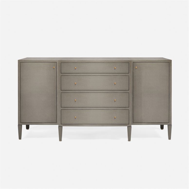 Sleek gray buffet with four drawers and two adjustable shelves, available in multiple colors.